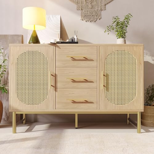 Merax Sideboard Kommode mit 3 Schubladen & 2 Türen, Rattan Buffetschrank mit Verstellbares Ablage, Schließfach für Schlafzimmer, Wohnzimmer, Esszimmer, mit Metallgriffen, Sonoma Eiche, 120x40x74cm
