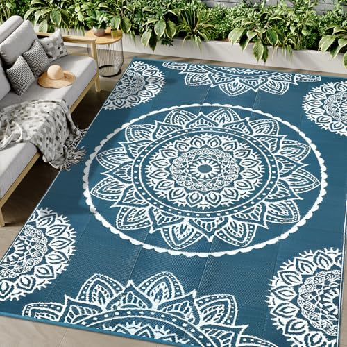 Famibay Tapis pour Extérieur Résistant aux Intempéries 180x270cm Réversible pour Camping Tapis pour Extérieur Résistant à l'Eau en Plastique Bleu Giratoire Léger Tapis pour Extérieur