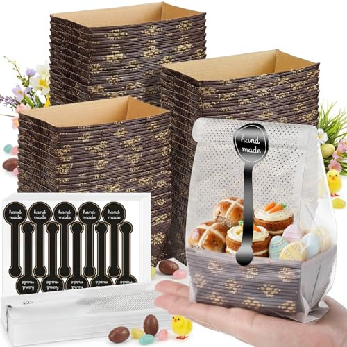 120 Pcs Mini Loaf Pans Disposable Set 3.1x1.5 Inch Paper Pans Rectangle Mold with Plastic Bags and Stickers Easter Spring Baking Picnic Camping Party Supplies for Bread, Meatloaf, Wedding Return Gift