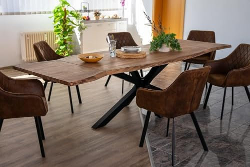 SAM Baumkantentisch 140 (220) x 90 cm Janosh, Akazienholz massiv & nougatfarben, Esstisch inkl. 2 Ansteckplatten 40 x 90 cm, echte Baumkante, Spider-Metallgestell in Schwarz