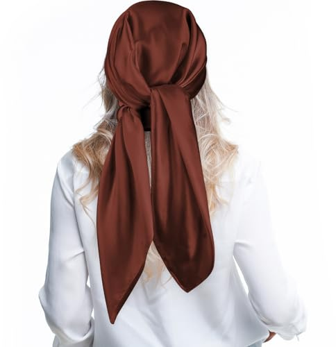 Andibro 90 x 90 cm Grand foulard carré en satin pour la tête, écharpes de tête en soie brillante de couleur unie pour dormir et bandeaux pour cheveux pour femmes, café, Taille unique