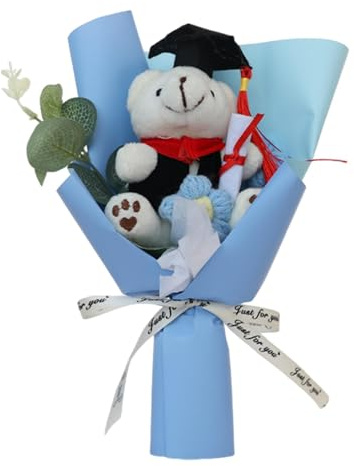 Generico Bouquet di fiori con orso di laurea, bouquet di fiori con di orso di laurea - di laurea fatto a mano,Design in tessuto con bouquet di peluche di lunga durata per laureati