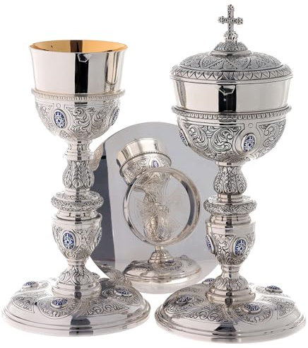 Holyart Molina Kelch mit Patene und Pyxis aus Sterlingsilber 925 im plateresken Stil mit Cabochon, Hostienschale