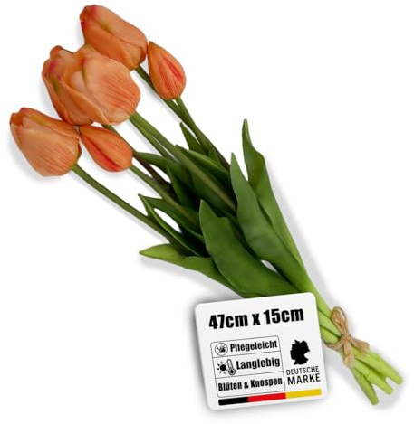 Botanic-Haus künstliches Tulpenbündel/künstlicher Tulpenbund Sandy lang mit 4 Tulpen und 3 Tulpenknospen Farbe: lachs real Touch, erfrischende künstliche Blumen für Ihre Frühjahrsdeko
