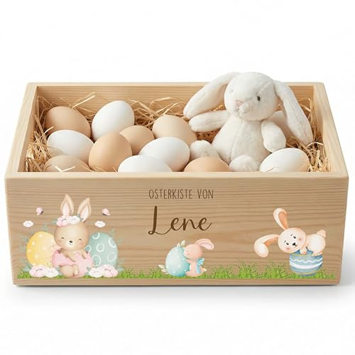 Kidsmood - Personalisierte Holzkiste mit Namen – Aufbewahrungskorb zu Ostern für Kinder, nachhaltig & kindersicher für Osterdeko & Ostergeschenke mit fröhlicher Häschenparade (40x30x13)