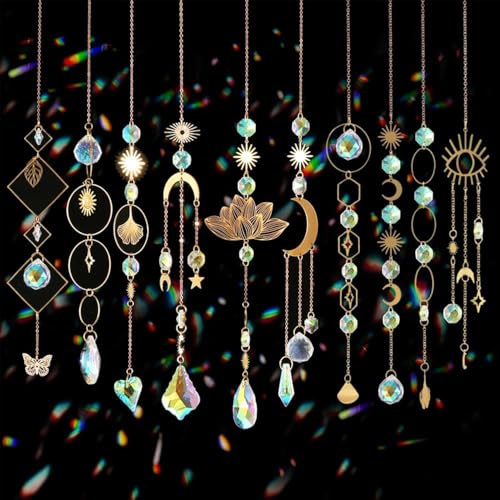 Exquilnova 10 Stück Sonnenfänger Kristall, Lotus Perlen Sonnenfänger Fenster Kristall Anhänger Deko, Regenbogen Sonnen Mond Kristalle zum Aufhängen, Fensterdeko Hängend Suncatcher Gartendeko (Gold)