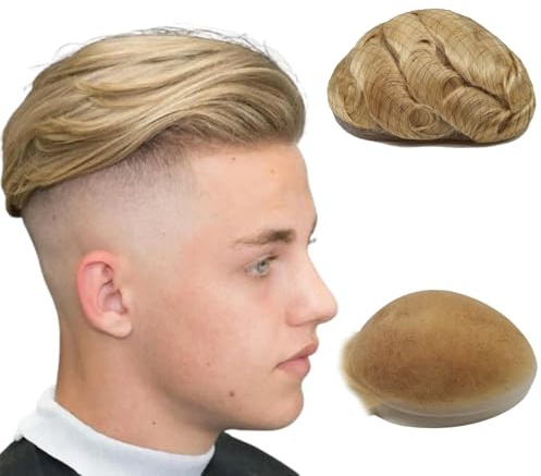 NLW Echthaar Toupet Männer Vollspitzen 25 mm Locken haarsystem mann 100% Echthaar-System für Herrenperücken,Basis Größe 8 x 10 Zoll, 120% Dichte, #613 Blond