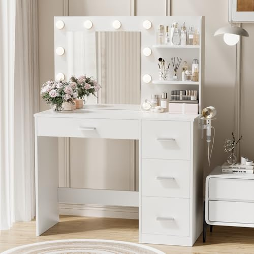YESHOMY Vanity Desk with Mirror, 10 Lights, Power Outlet and 3 Storage Shelves, Makeup Table with 4 Drawers, 3 Color Modes, for Bedroom, White