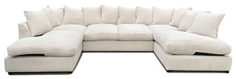 SOFASELECTIONUK LTD Jumbo Cord U-Shaped Cord Sofa - Large Modular Sofa with Memory Foam Seating & Removable Cushion Covers - Seats 6-7 People - Ideal U-Shape for Living Room (Cream, Scatter Back)