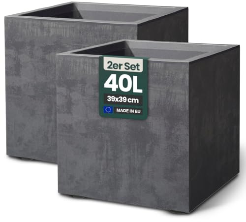 Kreher 2 x XL Pflanzkübel 'Millennium' in verschiedenen Formaten/Farben. Tolle Naturstein Optik in Anthrazit, Grau, Creme Weiß oder Braun! Aus robustem Kunststoff. (Anthrazit, 2 x 40 Liter Eckig)
