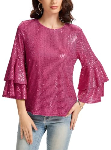 Kyzoeyou Damen Pailletten Oberteil Glitzer Tops Langarm Rundhals T-Shirt Bluse Cap Ärmel Freizeit Tunika Party Festival