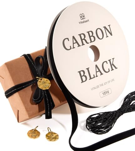 Vitalizart Cinta Terciopelo Negro con cordel & colgantes metálicos | Cinta Continua De Tela Fina De 1 cm x 13,7 m Para Regalos, Árbol De Navidad, Manualidades, Lazos Y Decoración Vintage