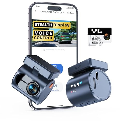 KAWA 2K Dash Cam for Cars with Voice Control - Stealth Display Tiny Dashcam Front Included 32GB Micro SD Card, Super Night Vision, 1296P QHD, G-Sensor, Built in WiFi & App Car Camera