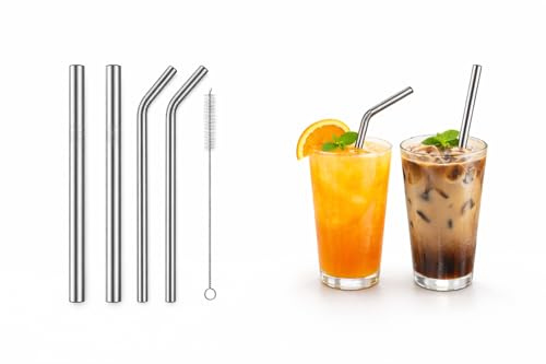 Reusable Stainless Steel Drinking Straws - Metal Straws for Smoothies, Cocktails & Cold Drinks - Eco-Friendly, Dishwasher Safe - Pack of 4 with Cleaning Brush & Pouch