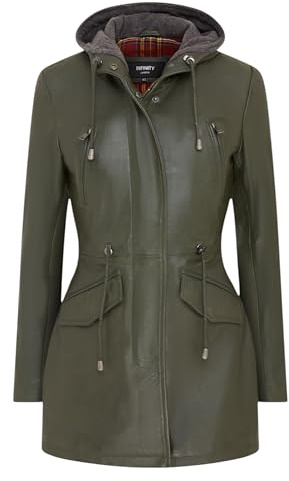 Damen Leder Parka Jacke, Gesteppter, Abnehmbarer Trenchcoat Mit Kapuze