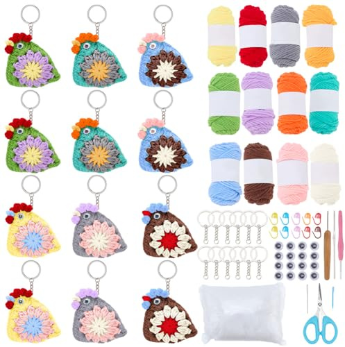 WEBEEDY 12 Set Einfaches Häkel Schlüsselanhänger Set Für Anfänger Vollständige Niedliche Hühner Häkelsets Enthalten Videoanleitungen Garn Auge Haken Weihnachtliches Handgemachtes Geschenkbasteln