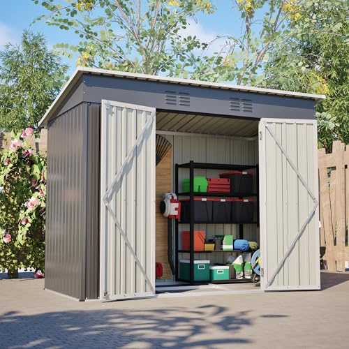 Jaxenor Abri de jardin en métal, Remise à outils de jardin en métal, 242 x 126 x 182 cm, armoire de jardin étanche pour extérieur, terrasse, abri à outils, inclus fondation en métal (sans sol), gris