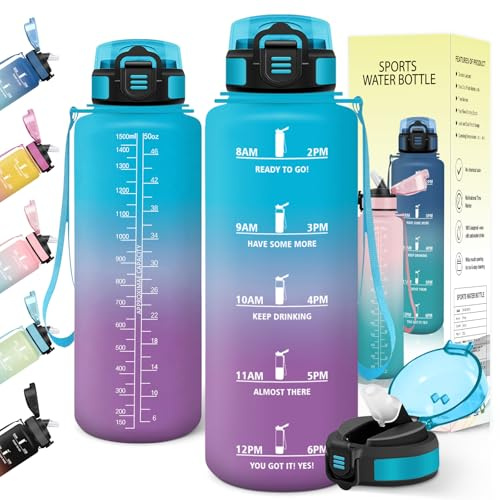 Baramumu Trinkflasche 1 5 liter, mit strohhalm, Trinkflasche Kohlensäure Geeignet, Mit Zeitstempel, Wasserflasche, Auslaufsicher, Flasche, für Fahrrad, Outdoor, Fitness, Blau-Violett