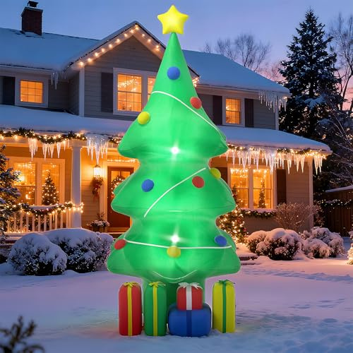 Froadp Aufblasbarer Weihnachtsbaum und Geschenke 1,5m Weihnachtsdeko mit LED-Leuchten, Weihnachtsdekoration mit Erdspießen, Seilen und Transparenten Tasche für Garten Patio Rasen Innen Außen