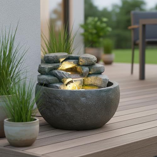 Fuente de jardín BK911 Ø 50 cm – Fuente redonda con aspecto de piedra con cascada, iluminación LED blanca cálida