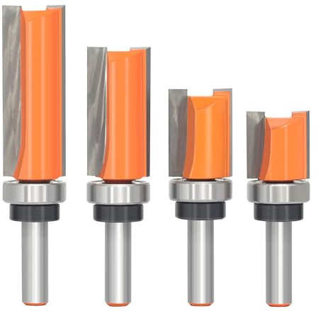 Jeu de 4 Fraises à Affleurer pour Défonceuse – Queue 8 mm, Diamètre de Coupe 19 mm, Longueurs de Coupe 20/25/38/50 mm, Roulement Supérieur, Fraises de Copiage et de Finition pour Bois MDF Contreplaqué