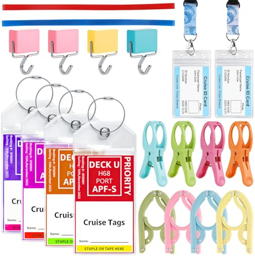 Juego de etiquetas XXL para equipaje de crucero, etiquetas de equipaje, ganchos magnéticos, perchas plegables, cordón, pinzas de ropa y bandas para toallas para tumbonas de playa, juego de accesorios