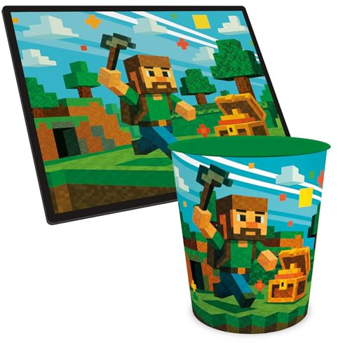 itenga Papierkorb ca. 11Liter und Schreibunterlage mit Motiv im Set - Papierkorb für Kinder und Erwachsene Büro Kinderzimmer (Motiv Blockgame Pixel)