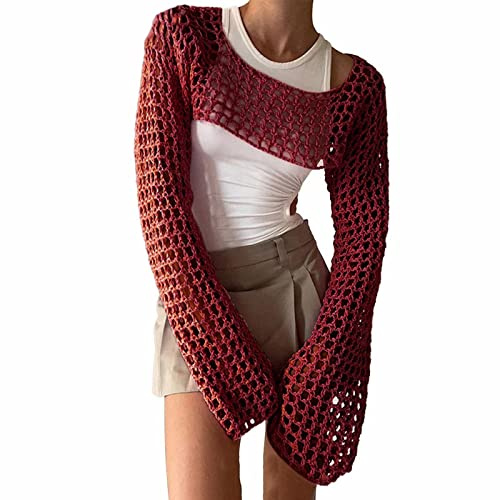 Haut à Manches Longues Y2K Crop Tops Crochet Châle Transparent Boléro en Tricot Boléro Pull Bikini Cover Ups