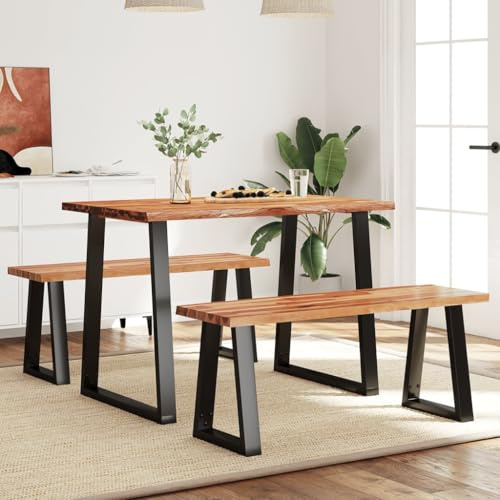 Zeiquah 3-Piece Dining Set Tree Edge Solid Acacia Wood with Powder-Coated Steel Frame, 110 x 70 x 75 cm Table, 2 Benches 110 x 35 x 45 cm, Modern Dining Room Furniture Set for Kitchen and Living Room