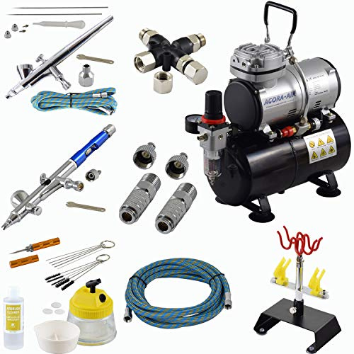 Agora-Tec® Airbrush PROFI-Set -Edition-2019-blue, inkl. Kompressor mit 4 bar & 3l Tank, 2 Stück Double Action Airbrushpistolen, Pistolenhalter, 3-fach Verteiler, Schnellkupplung, Reinigungs-Set