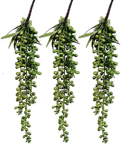 FLIPPED 3 Pack Artificial Plant Succulent Plants Hanging String Pearls Plant Fake Lover Tears Plants ((Green&13.7 in)