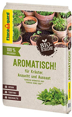 Floragard Bio-Erde Aromatisch 10 L – torffreie, vegane Kräuter- & Anzuchterde mit lockerer, feiner Struktur für Aussaat, aromatische Kräuter & Jungpflanzen – fördert Gute Keimung & gesundes Wachstum