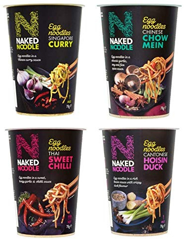 Naked Noodle Pots – 4 Flavour Egg Noodle Collection – 1x Singapore Curry, 1x Chinese Chow Mein, 1x Hoisin Duck and 1x Thai Sweet Chilli – Ready in Just 4 Minutes