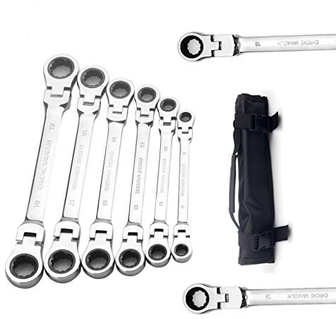FLZOSPER 6-Piece Flex Head Double Box End Ratcheting Wrench Set，8-19mm Metric Chrome Vanadium Steel Spanner with Portable Toolbag