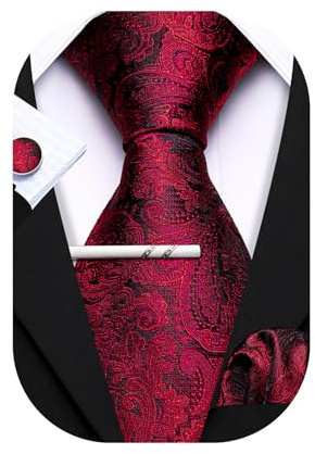 Barry.Wang Herren Krawatte Seide Set Florale Paisley-Krawatte Einstecktuch Manschettenknöpfe im Krawattenklammer Feierliche Hochzeit Party