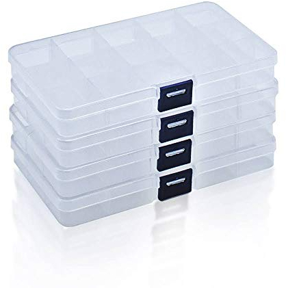 RUBY - Pack Aufbewahrungsbox aus Kunststoff mit Verstellbaren Fächern für Perlen, Perlen, Schrauben, Schmuck usw (4 Stück)