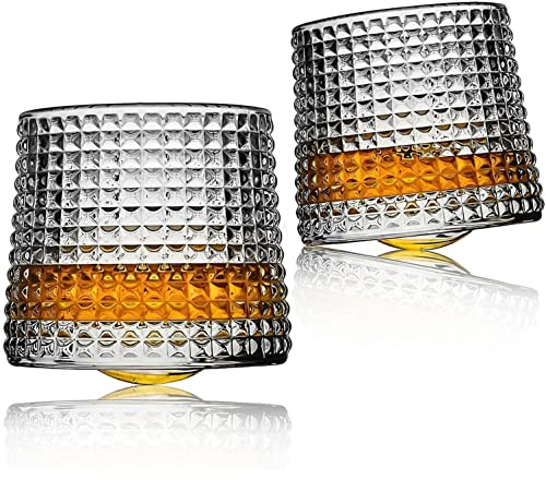 DAWNTREES Crystal Whiskey Glasses, Whisky Glass, 2 Pack 150 ml Tumblers Set | Lead-free lattice-pattern crystal with spherical rotating bases, suited to bourbon, Scotch, cocktails, ice cubes or stones