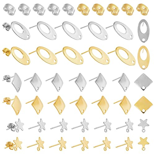 PandaHall 60 Stück 2 Farben Ohrstecker, 3 Stile 304 Edelstahl Ohrstecker Oval Rhombus Stern Ohrstecker mit Ohrpolster Ohrringe Basispfosten mit Loch für Frauen DIY Ohrringe Bastelbedarf
