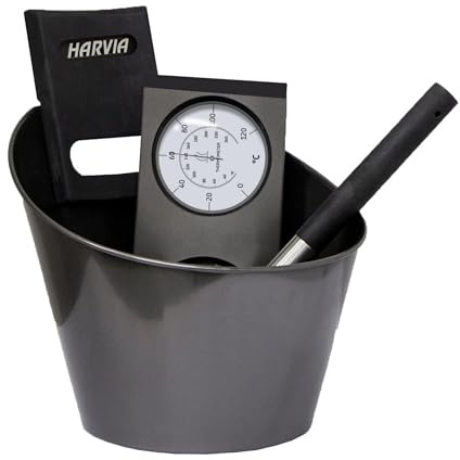 Harvia Black Steel Set d'accessoires pour Sauna avec Seau et louche, Thermo-hygromètre en Acier Inoxydable Noir