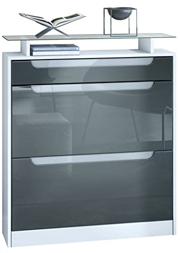Vladon Schuhschrank Fiesta, Weiß matt/Grau Hochglanz/Weiß Hochglanz Schuhkipper für 16 Paar Schuhe mit 2 Klappen (89 x 104 x 23 cm)
