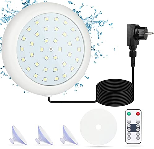 COOLWEST Luce Piscina Fuori Terra, Luce Piscina 10W Luce Bianca con Telecomando RF e Ventosa, Lampada Piscina 6000K 12V AC/DC, IP68 Impermeabile 16 Colori 3 Opzioni Timer 7m Cavo