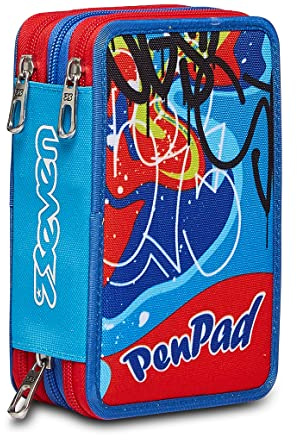 Seven Federmäppchen, Mäppchen, mehrfarbig, Federtasche für Schreibwaren, Etui mit Stiften, Kugelschreiber, & mehr, 3 Fächer, Mädchen & Jungen, Schule - Grundschule, XXL, rot/blau