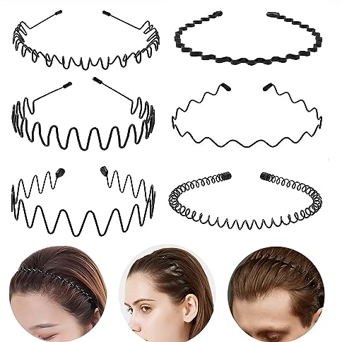 JERLITU Metal Hair Band for Men,Women Elastic Wavy Hairband,Black Non-slip Metal Headbands,Suitable for Outdoor Sports,Everyday Wear. (6 Pcs)