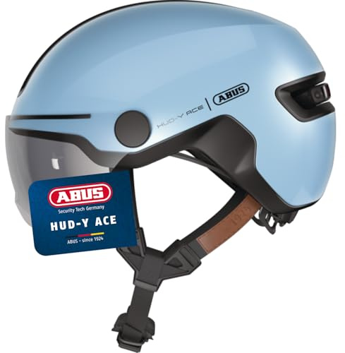 ABUS HUD-Y ACE city helmet - stylish bike helmet with visor and magnetic, rechargeable rear LED light - for men and women - blue, size L