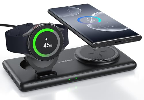 SwanScout Induktive Ladestation für Samsung S25 Ultra/Watch 7, SwanScout 502S, 2 in 1 Kabelloses Ladegerät für Samsung S25/S24/Note 20/Z Flip 6, Wireless Charger für Galaxy Watch Ultra/7/6/5/4, Buds 3