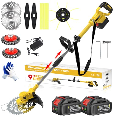 Decespugliatore a Batteria 21V, Tagliabordi a Batteria 4 In 1, con 2 Batterie 4,0 Ah, Maniglia Telescopica, Testa Girevole 90°, 2 Spazzola per Erbacce, 20 Taglio Linee, 4 Lame in Lega, per Potatura