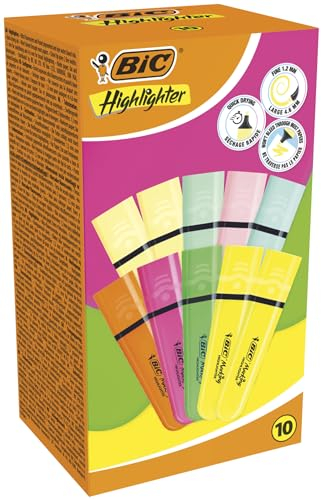 BIC Highlighter, Textmarker, 10er Pack, in verschiedenen Farben, mit Keilspitze, Strichstärke: 1,2 bis 4,6 mm, mit Austrocknungsschutz