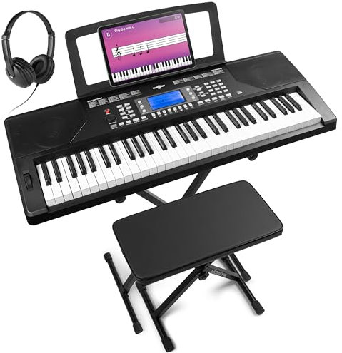 MAX Rhapsody61P - MIDI Keyboard Piano mit 61 Tasten und Pitch-Wheel, Keyboard mit Ständer, Hocker & Kopfhörer, Anschlagdynamik, LCD Display, Lern-Funktion, 8h Akku, 40 Demos für Anfänger, 300 Sounds