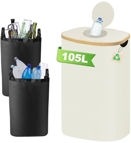 TFCIOD 105L Pfandflaschen Sammelbehälter mit Deckel, Pfandflaschen Aufbewahrung mit Loch, Pfandflaschen Behälter, Flaschensammler Leergut für Küche Abstellraum Flaschentasche Leergut & Altglas, Beige