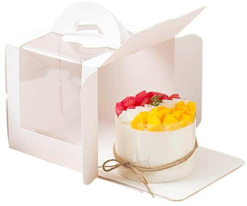 Allbusky 10PCS 4 Inches Cake Boxes Carrier with Window, Paper Bakery Boxes with Handle, Cake Holder Display Boxes Bakery Packaging Boxes for Birthday Wedding Christmas Baby Shower, White